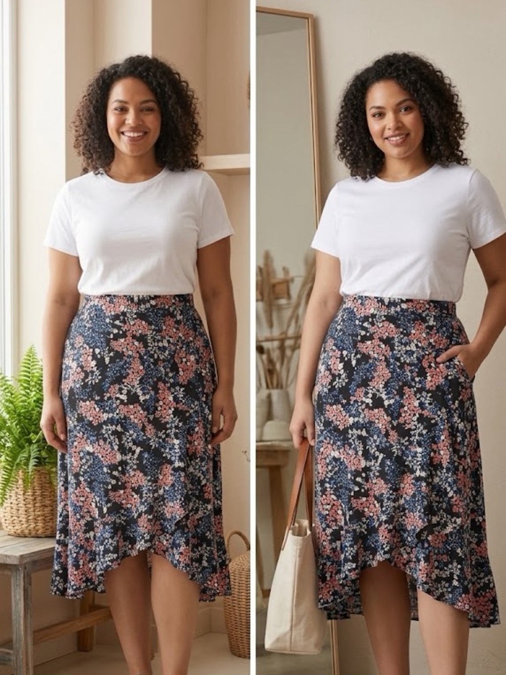 Skirt in Navy with Coral and White Flowers